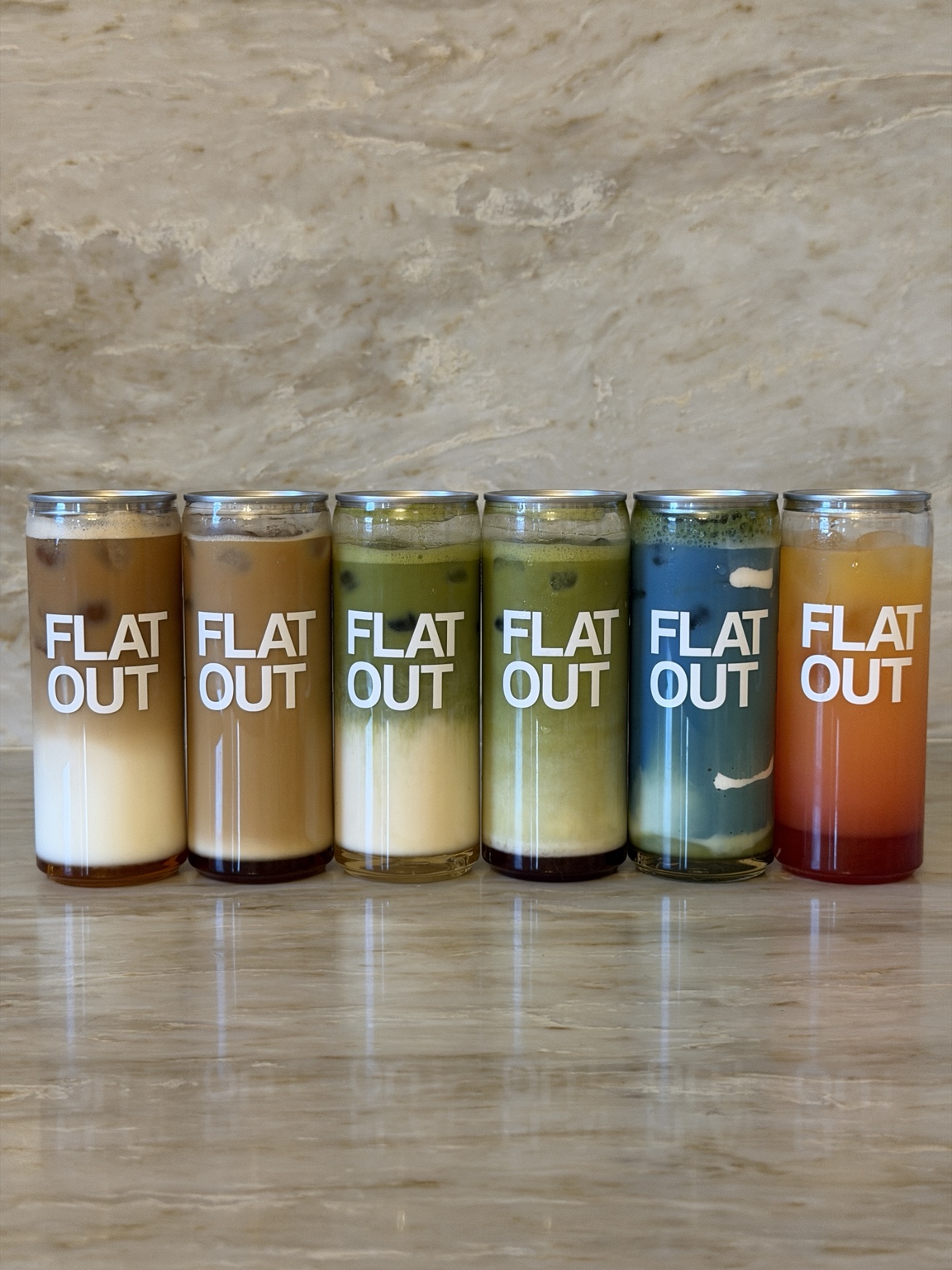 A colourful line-up of Flat Out drinks
